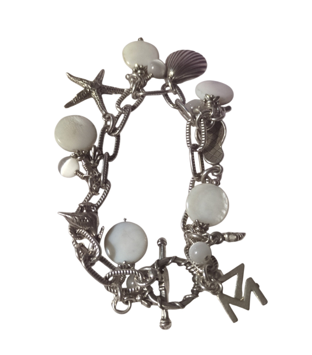 Sterling Silver Charm Bracelet With Beach Charms And Mother of Pearl.